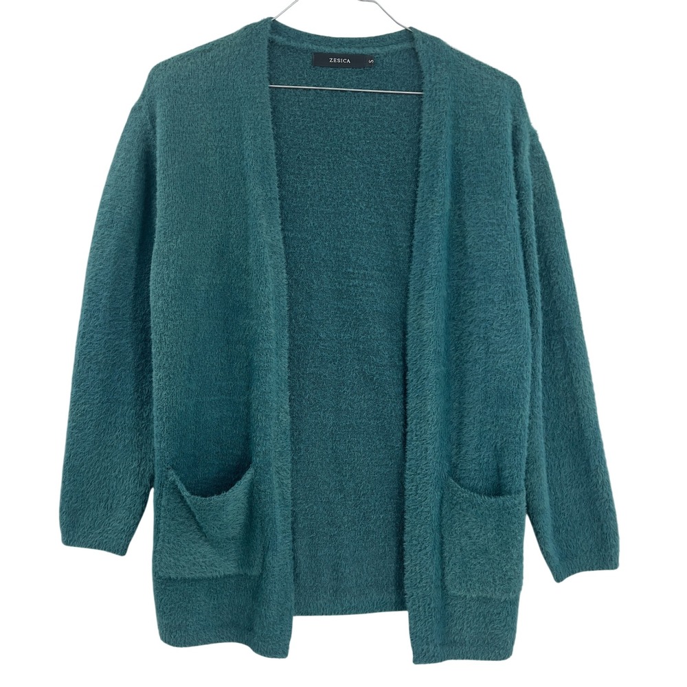 ZESICA Teal Fuzzy Open Front‎ Cardigan Cozy Soft Girl Sweater S